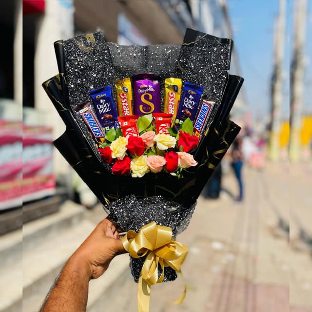 Elegant Midnight Chocolate Bouquet with Roses